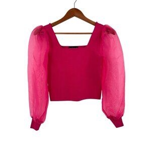 HOUSE OF HARLOW 1960 Women's Hot Pink Sheer Chiffon Long Sleeve Crop Shirt XS